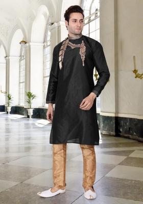 Black Traditional Dupion Silk Kurta Set For Men
