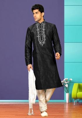 Black Traditional Dupion Silk Kurta Set For Men