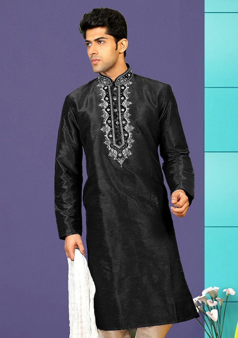Black Traditional Dupion Silk Kurta Set For Men - Indya