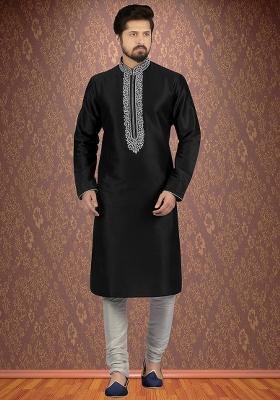 Black Traditional Dupion Silk Kurta Set For Men