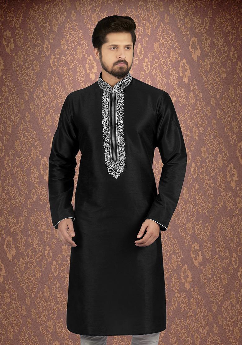 Black Traditional Dupion Silk Kurta Set For Men - Indya