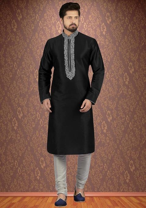Black Traditional Dupion Silk Kurta Set For Men