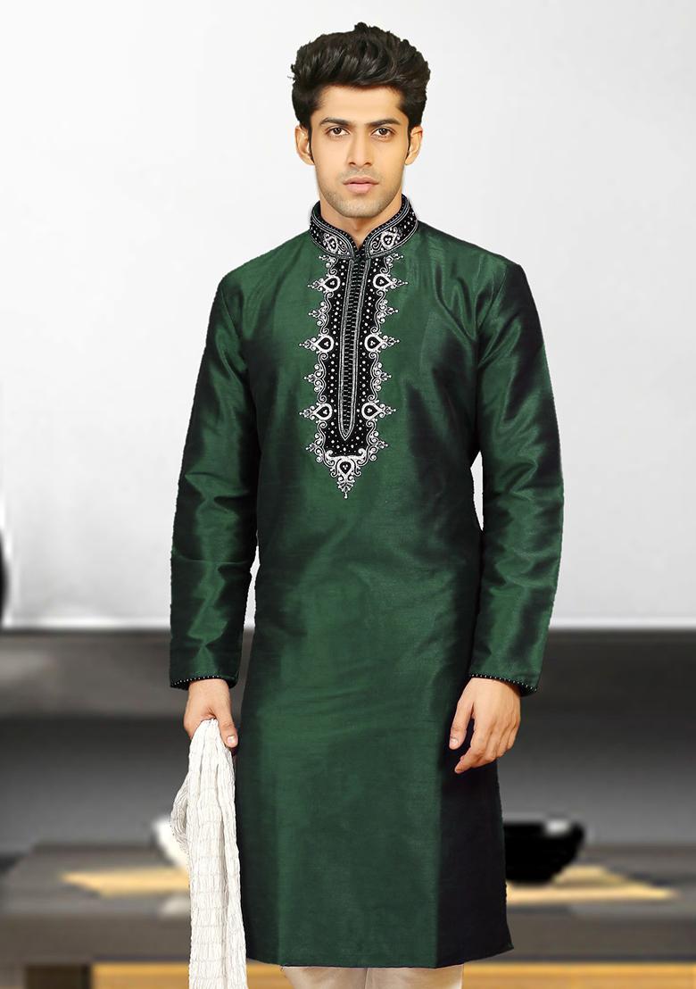 Bottle Green Traditional Dupion Silk Kurta Set For Men - Indya