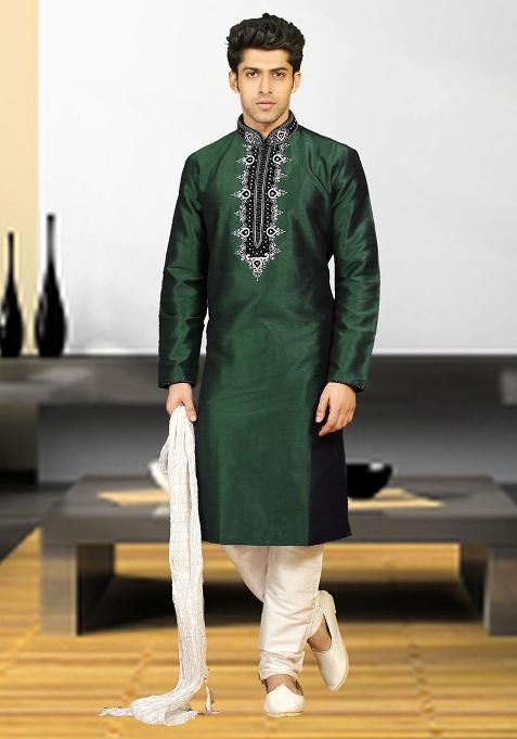 Bottle Green Traditional Dupion Silk Blend Kurta Set For Men