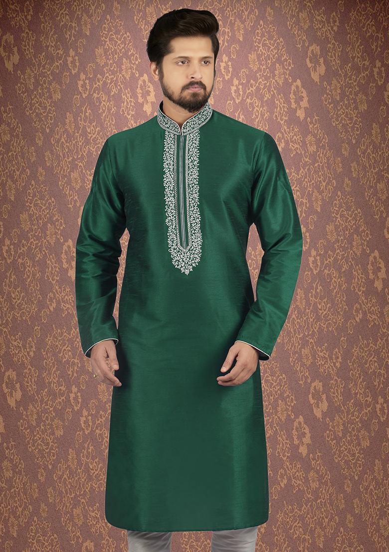 Bottle Green Traditional Dupion Silk Kurta Set For Men - Indya