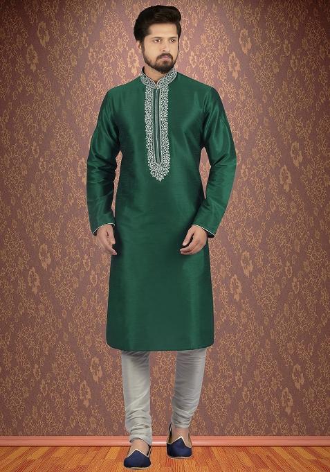 Bottle Green Traditional Dupion Silk Blend Kurta Set For Men