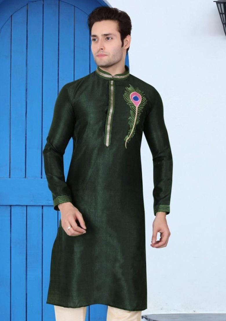 Bottle Green Traditional Dupion Silk Kurta Set For Men - Indya