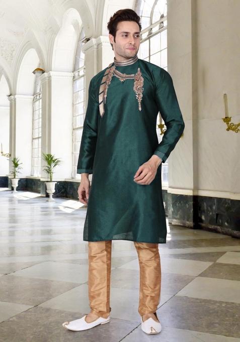 Bottle Green Traditional Dupion Silk Blend Kurta Set For Men