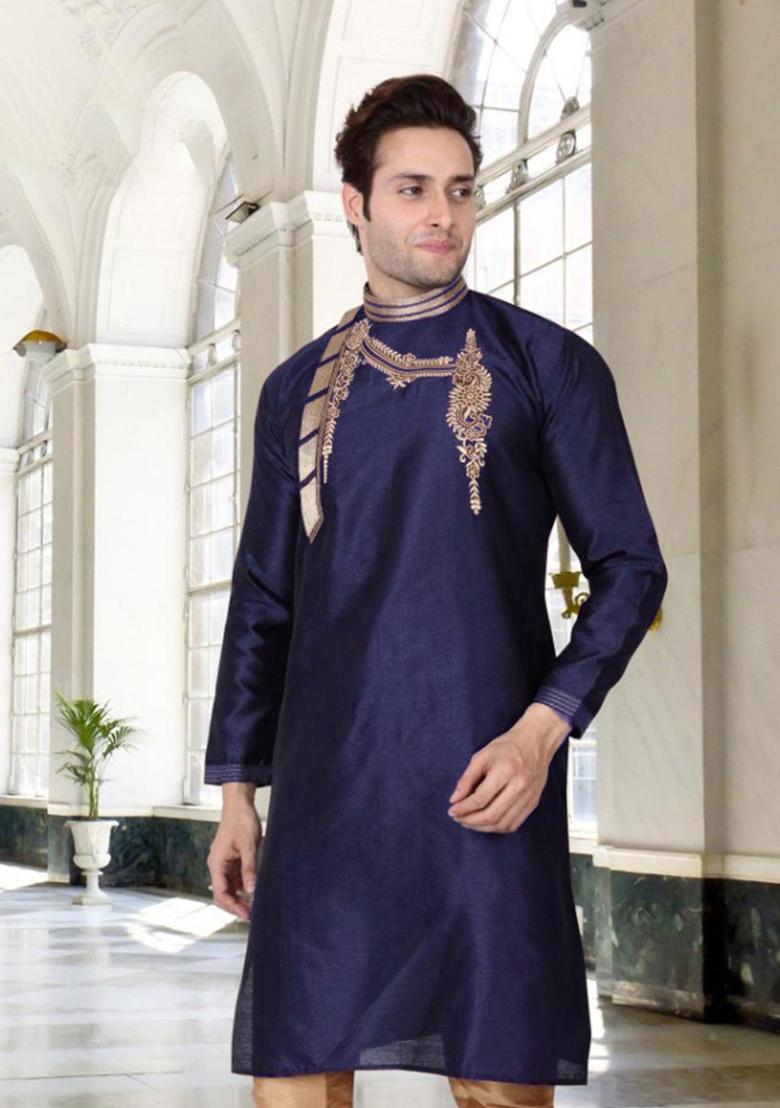 Navy Blue Traditional Dupion Silk Kurta Set For Men - Indya