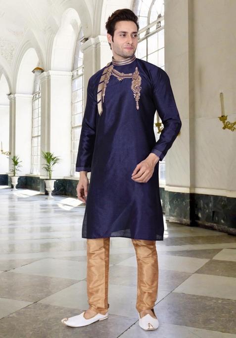 Navy Blue Traditional Dupion Silk Kurta Set For Men