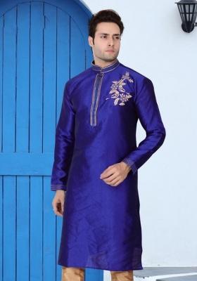 Royal Blue Traditional Dupion Silk Kurta Set For Men