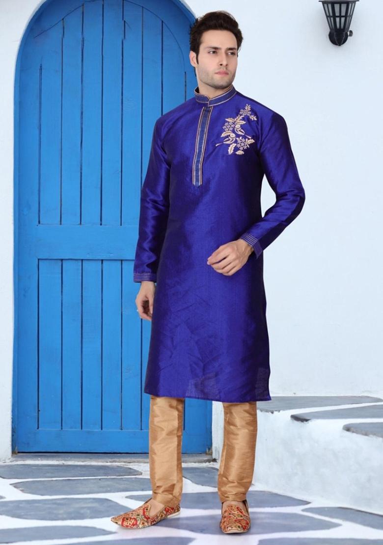 Royal Blue Traditional Dupion Silk Kurta Set For Men - Indya