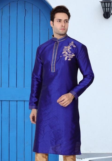 Royal Blue Traditional Dupion Silk Kurta Set For Men