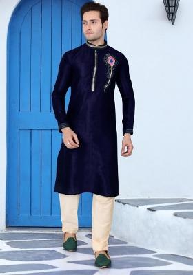 Navy Blue Traditional Dupion Silk Kurta Set For Men