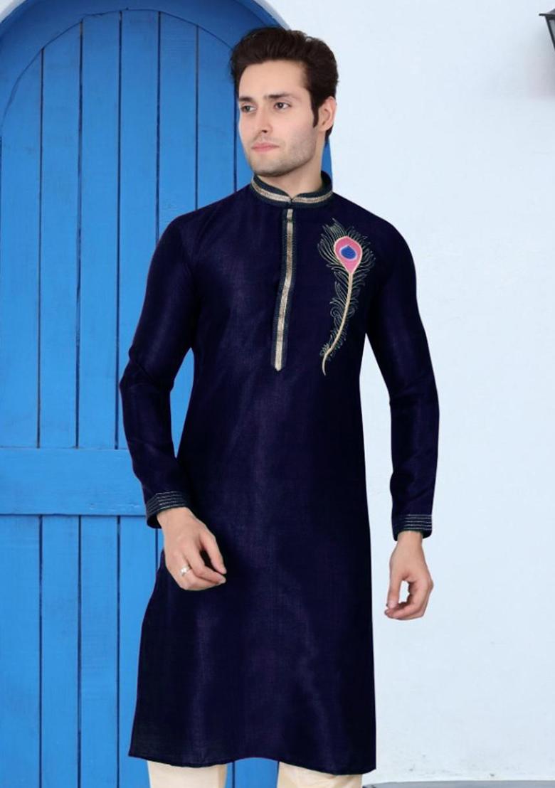 Navy Blue Traditional Dupion Silk Kurta Set For Men - Indya