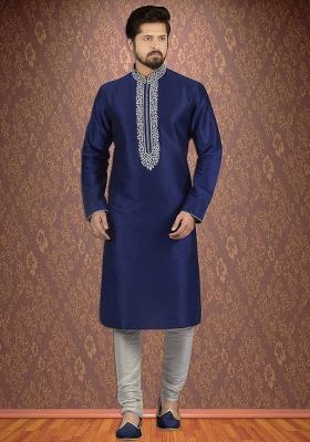 Navy Blue Traditional Dupion Silk Kurta Set For Men