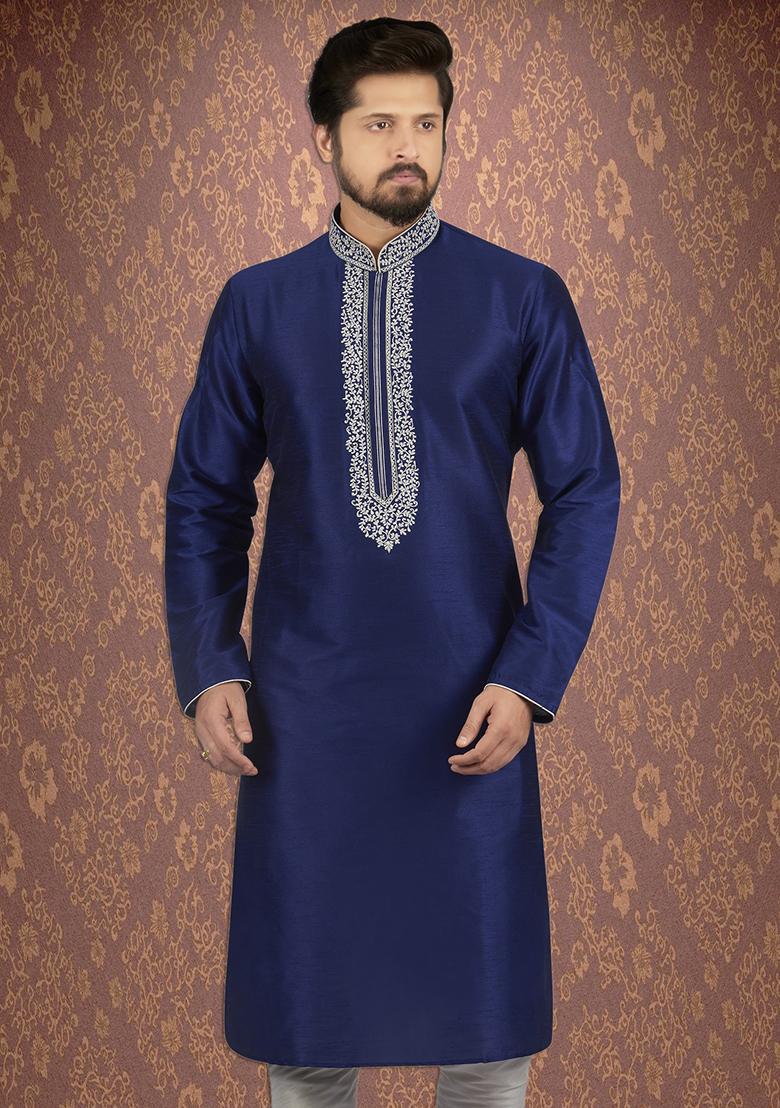 Navy Blue Traditional Dupion Silk Kurta Set For Men - Indya