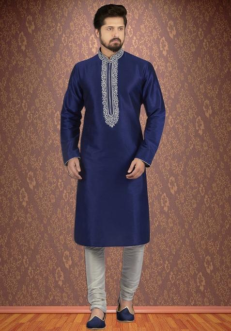 Navy Blue Traditional Dupion Silk Kurta Set For Men