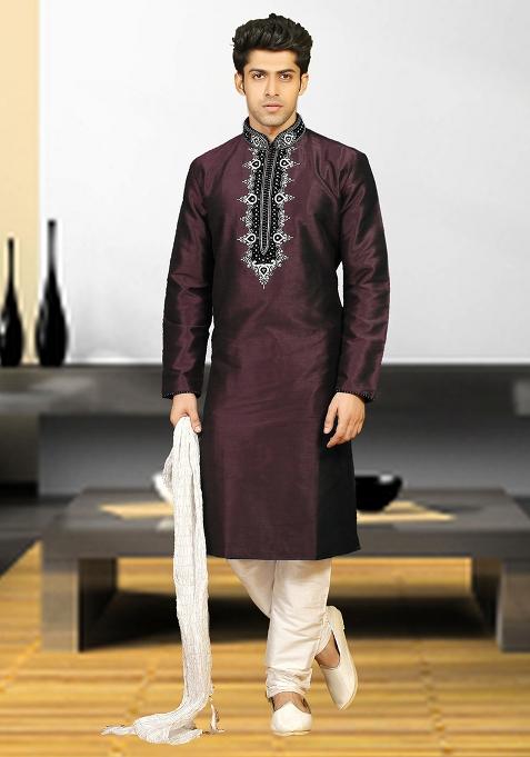 Purple Traditional Dupion Silk Kurta Set For Men