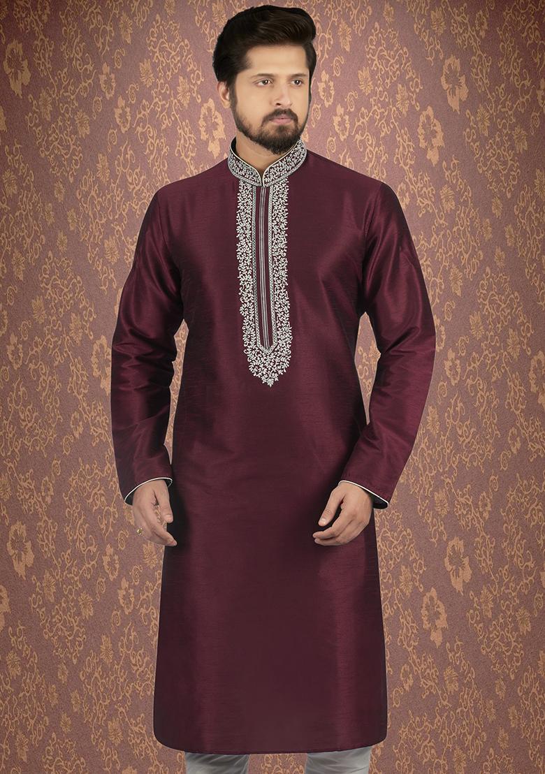 Purple Traditional Dupion Silk Kurta Set For Men - Indya