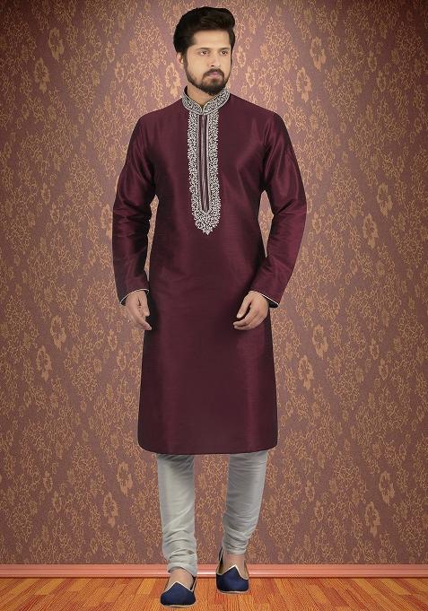 Purple Traditional Dupion Silk Kurta Set For Men