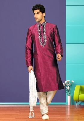 Purple Traditional Dupion Silk Kurta Set For Men
