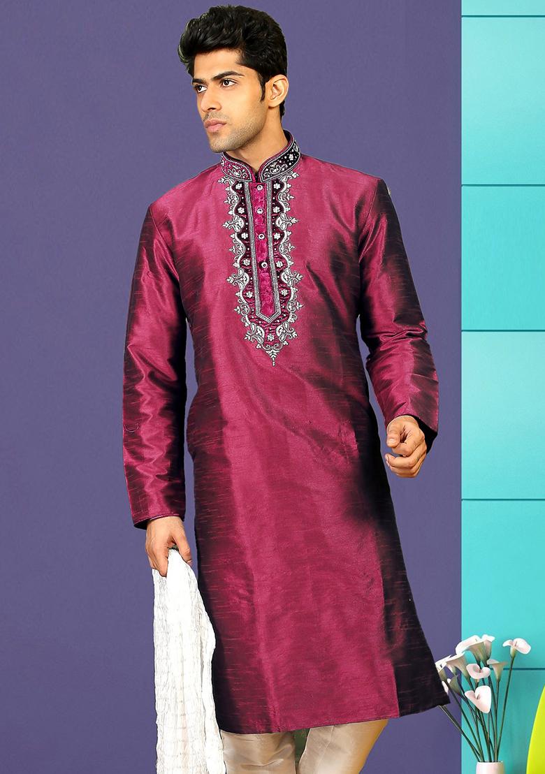 Purple Traditional Dupion Silk Kurta Set For Men - Indya