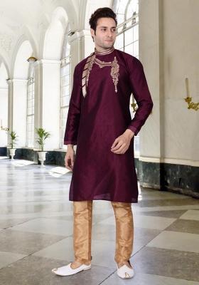 Purple Traditional Dupion Silk Kurta Set For Men