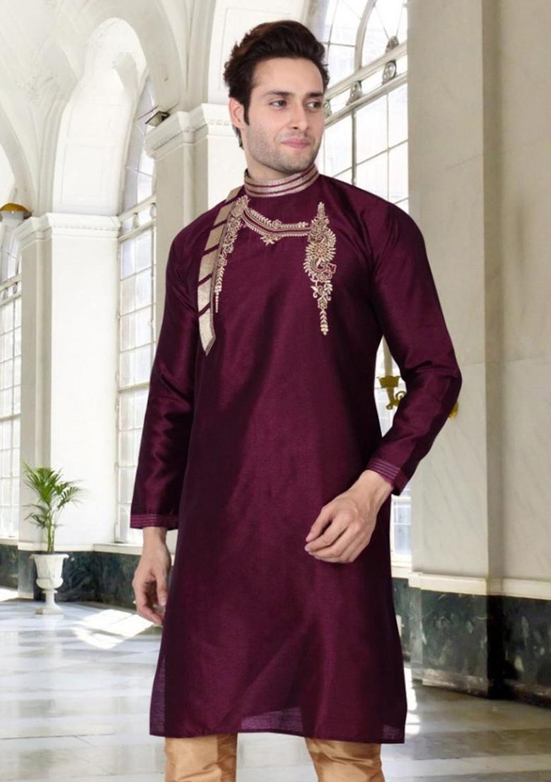 Purple Traditional Dupion Silk Kurta Set For Men - Indya