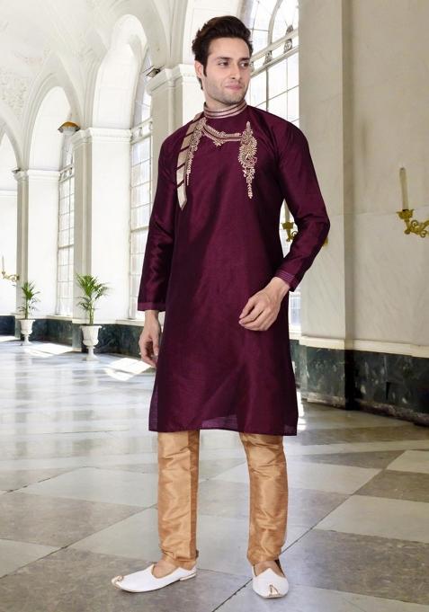 Purple Traditional Dupion Silk Kurta Set For Men
