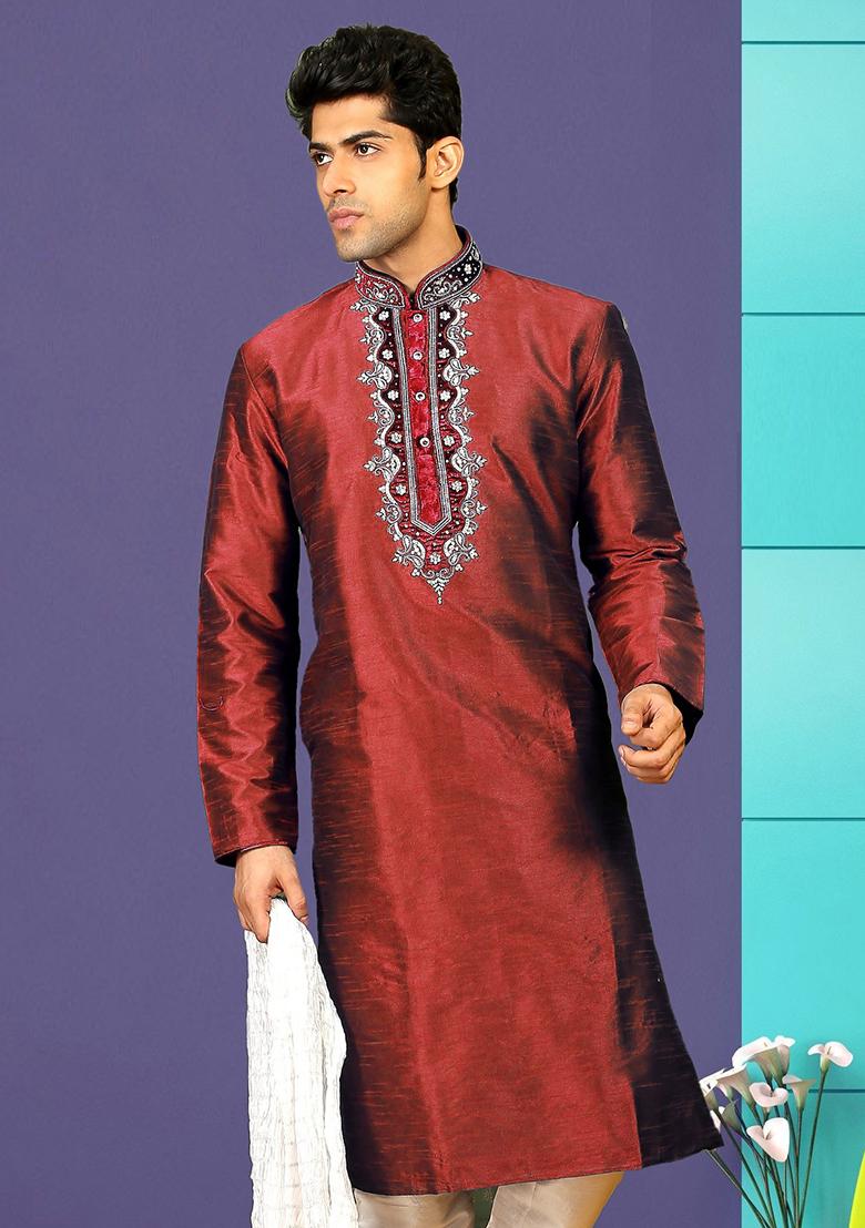 Maroon Traditional Dupion Silk Kurta Set For Men - Indya
