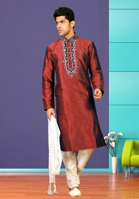 Maroon Traditional Dupion Silk Kurta Set For Men