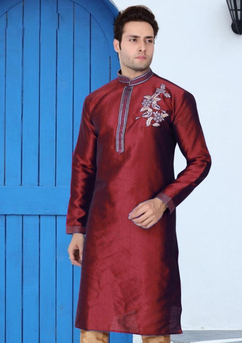 Maroon Traditional Dupion Silk Kurta Set For Men - Indya