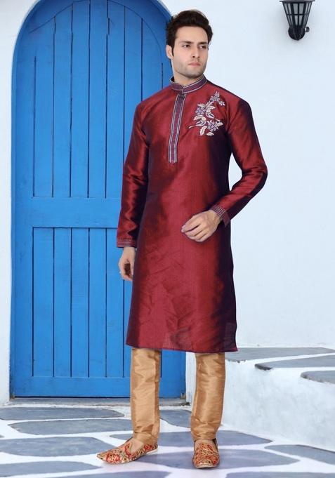 Maroon Traditional Dupion Silk Kurta Set For Men