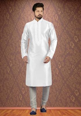 White Traditional Dupion Silk Kurta Set For Men