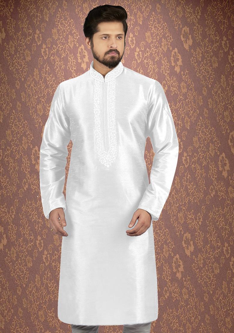 White Traditional Dupion Silk Kurta Set For Men - Indya