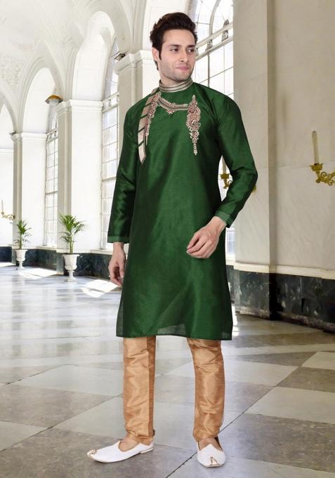 Mehandi Green Traditional Dupion Silk Blend Kurta Set For Men
