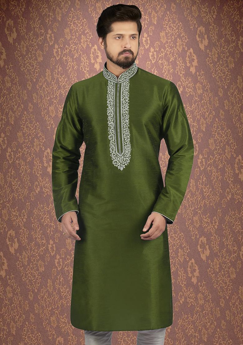 Mehandi Green Traditional Dupion Silk Kurta Set For Men - Indya