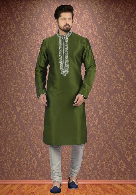 Mehandi Green Traditional Dupion Silk Blend Kurta Set For Men