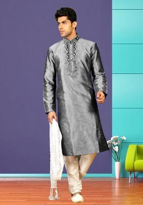 Grey Traditional Dupion Silk Kurta Set For Men