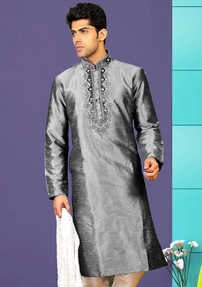 Grey Traditional Dupion Silk Kurta Set For Men - Indya