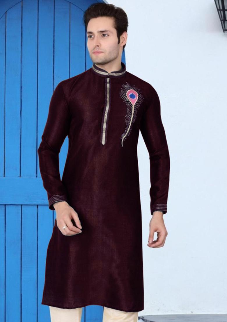 Purple Traditional Dupion Silk Kurta For Men - Indya