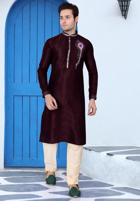 Purple Traditional Dupion Silk Kurta For Men