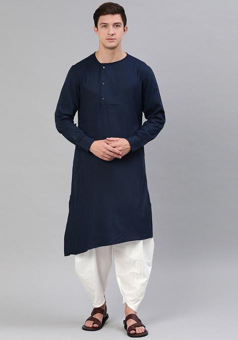 Navy Traditional Cotton Blend Kurta Set For Men