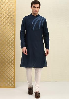 Navy Traditional Cotton Blend Kurta Set For Men