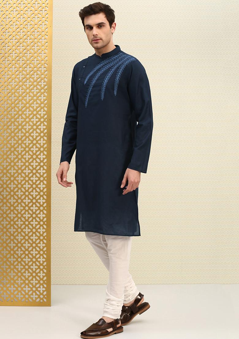 Navy Traditional Cotton Blend Kurta Set For Men - Indya