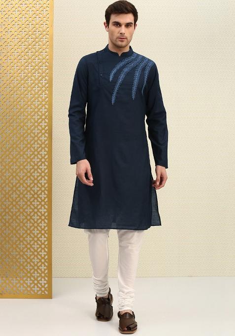 Navy Traditional Cotton Blend Kurta Set For Men