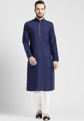 Navy Traditional Cotton Blend Kurta Set For Men