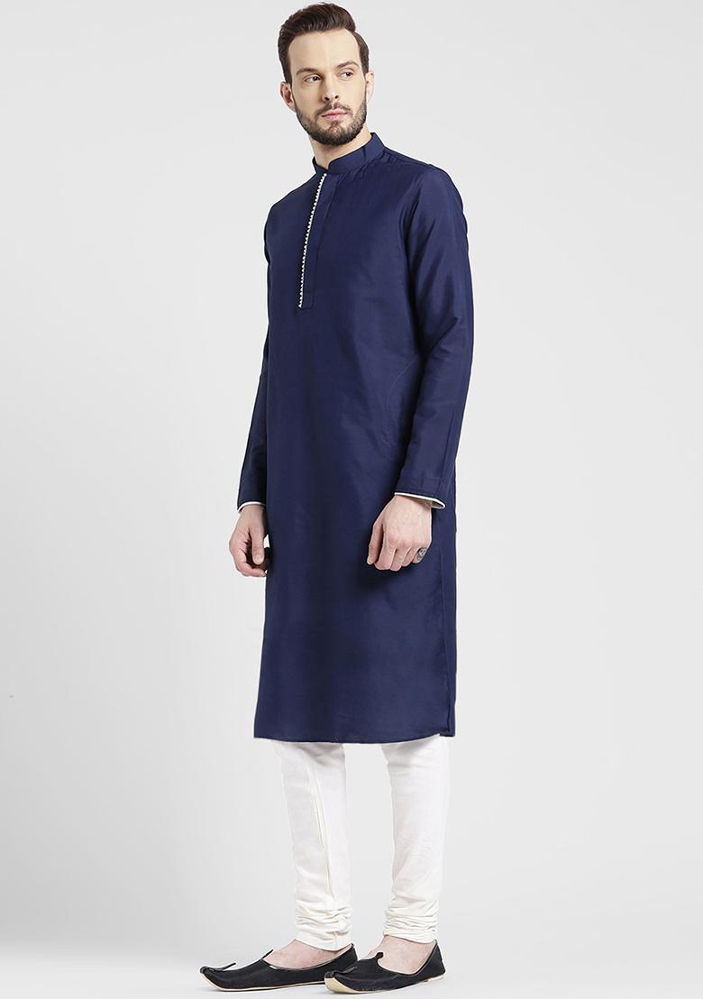 Navy Traditional Cotton Blend Kurta Set For Men - Indya