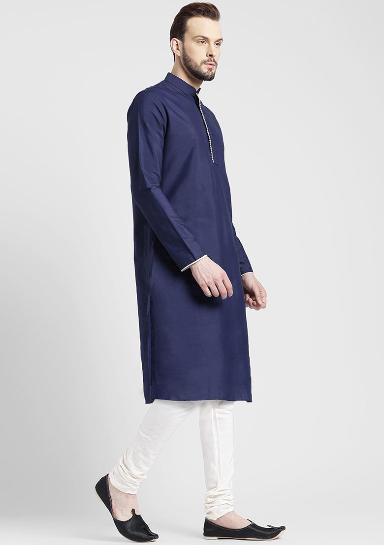 Navy Traditional Cotton Blend Kurta Set For Men - Indya
